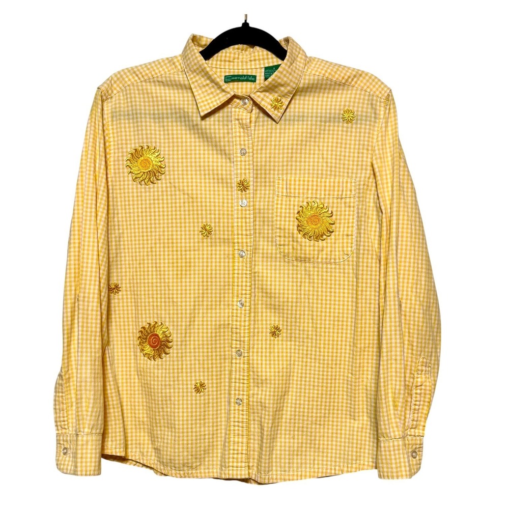 Emerald Isle Summer Vibes‎ Gingham Embroidered Shirt Women Sz S Casual Boho Chic